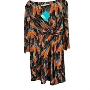 Tracy Negoshian Faux Wrap Stretchy Dress Orange Brown Feathers large L N…